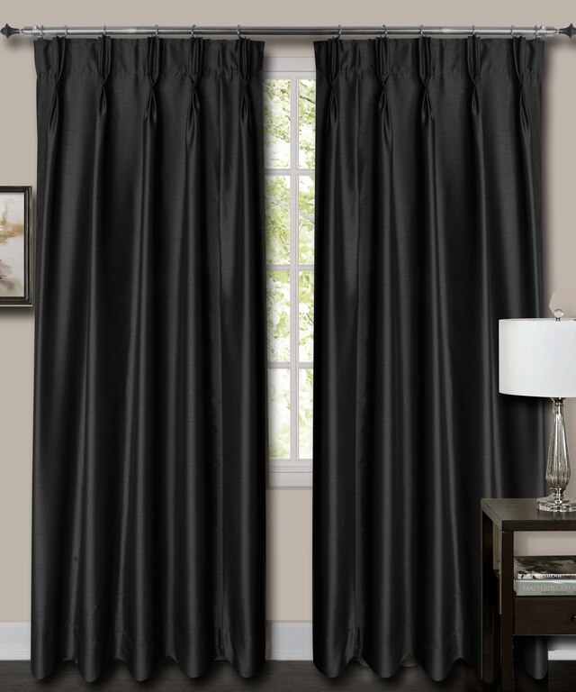 French Pleat Top Black Faux Silk Dupioni Curtains. (39" Wide, 7 Feet Long, Thick Lining)